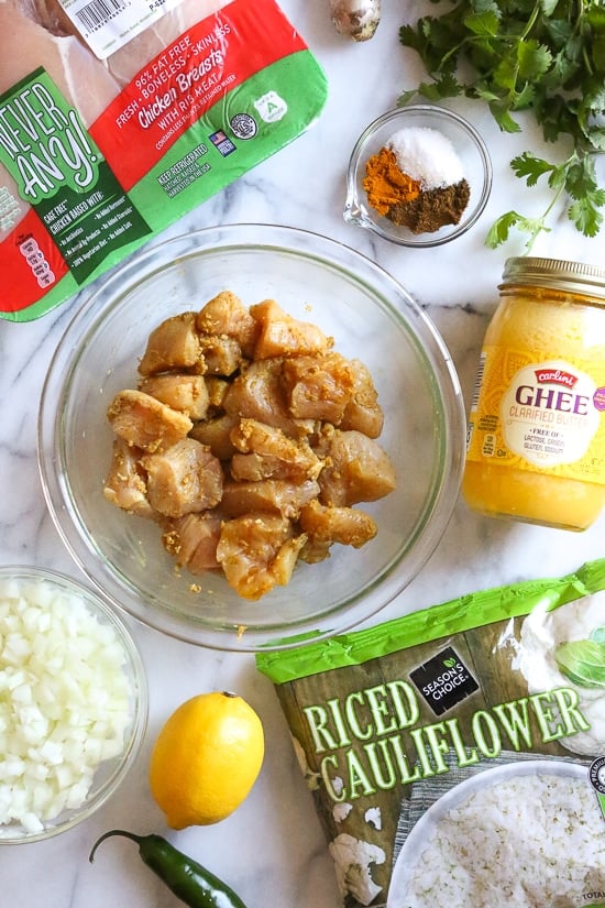 Inspired by the popular Indian or Persian dish, Chicken Biryani, only streamlined to make quick, easy and low carb. By replacing the rice with riced cauliflower, it's also Keto and Whole30 friendly.