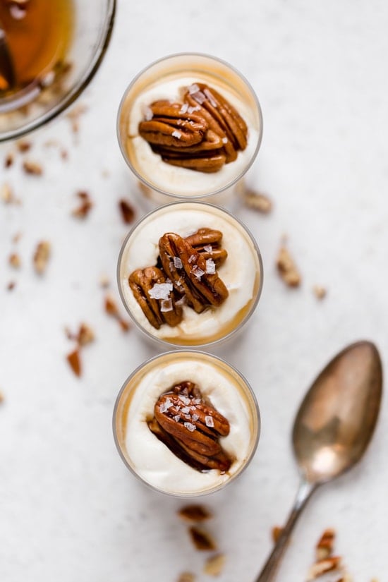 Sticking with my philosophy of eating smaller portions, I love to make desserts in shot glasses like these Maple Pecan Cheesecake Shooters!