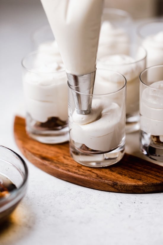 Sticking with my philosophy of eating smaller portions, I love to make desserts in shot glasses like these Maple Pecan Cheesecake Shooters!