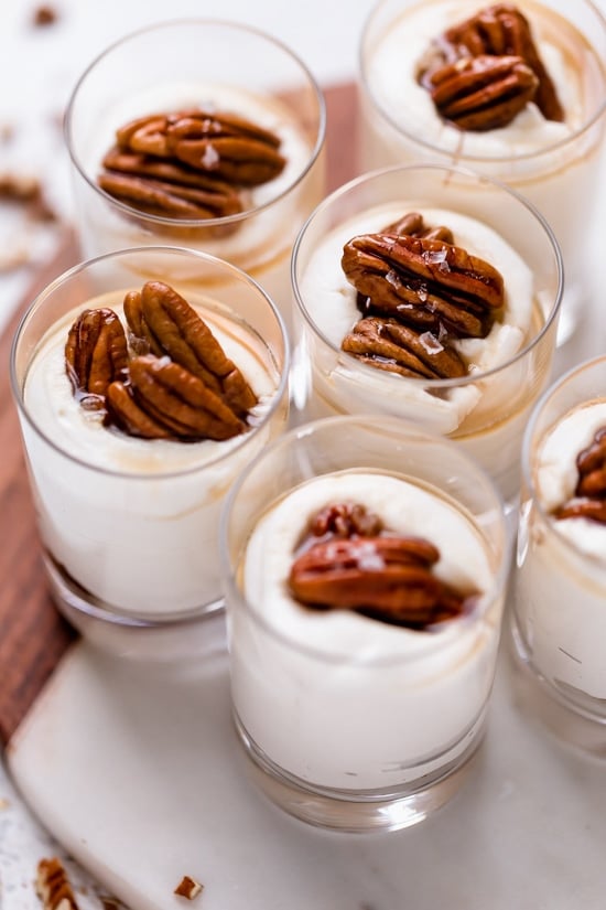 Sticking with my philosophy of eating smaller portions, I love to make desserts in shot glasses like these Maple Pecan Cheesecake Shooters!