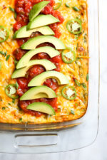 This Tex Mex breakfast casserole has all the makings of a delicious breakfast – potatoes, chorizo, green chilies and cheese. Topped with salsa and avocado, this is perfect to feed a crowd!