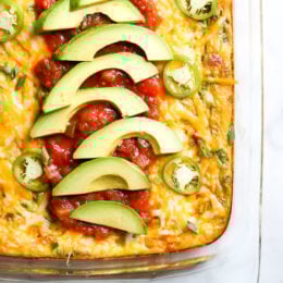 This Tex Mex breakfast casserole has all the makings of a delicious breakfast – potatoes, chorizo, green chilies and cheese. Topped with salsa and avocado, this is perfect to feed a crowd!