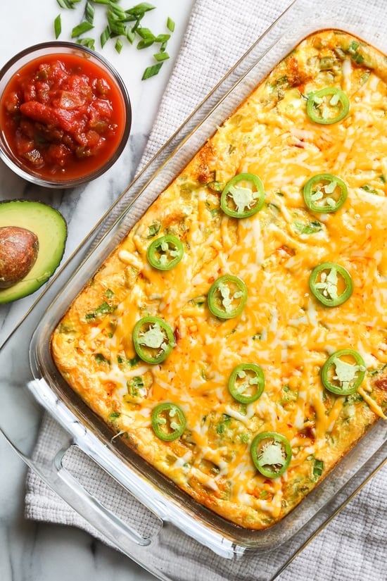 This Tex Mex breakfast casserole has all the makings of a delicious breakfast – potatoes, chorizo, green chilies and cheese. Topped with salsa and avocado, this is perfect to feed a crowd!