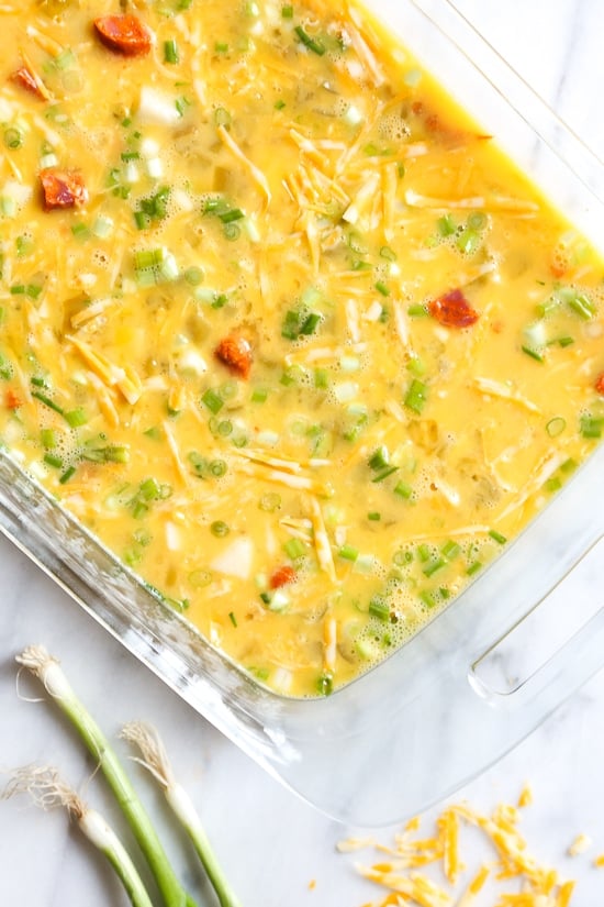 This Tex Mex breakfast casserole has all the makings of a delicious breakfast – potatoes, chorizo, green chilies and cheese. Topped with salsa and avocado, this is perfect to feed a crowd!