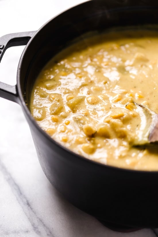 This thick and cheesy chowder with potatoes, corn, cauliflower, and bacon is perfect for cold and cozy winter nights.