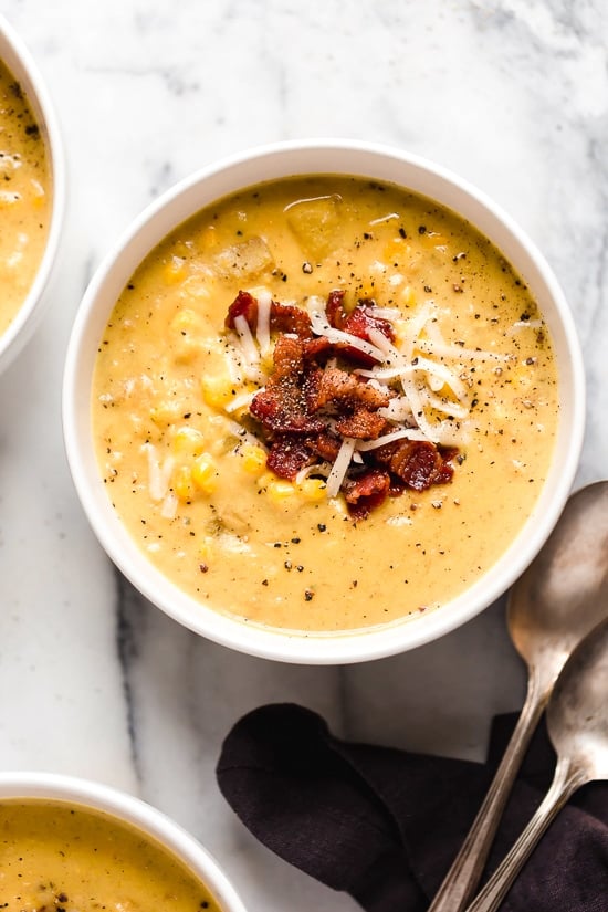 This thick and cheesy chowder with potatoes, corn, cauliflower, and bacon is perfect for cold and cozy winter nights.
