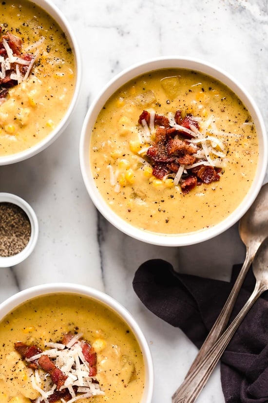This thick and cheesy chowder with potatoes, corn, cauliflower, and bacon is perfect for cold and cozy winter nights.