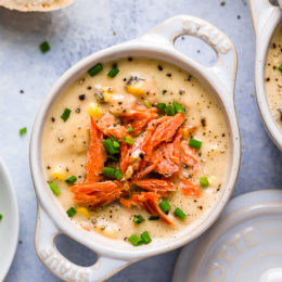 This creamy Smoked Salmon Chowder is truly comfort food in a bowl! Made with hot-smoked salmon (full of heart-healthy fats) and a ton of nutrient-packed veggies (onion, celery, carrots, potatoes, corn and cauliflower), it’s a good-for-you soup the whole family will love. Stove top and Instant Pot directions provided.