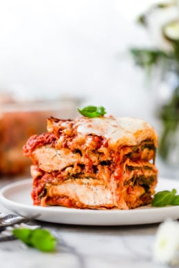 I combined two of my favorite foods – Chicken Parmesan and Lasagna to make this delicious Chicken Parmesan Lasagna, the perfect family-friendly dish to feed a large crowd!
