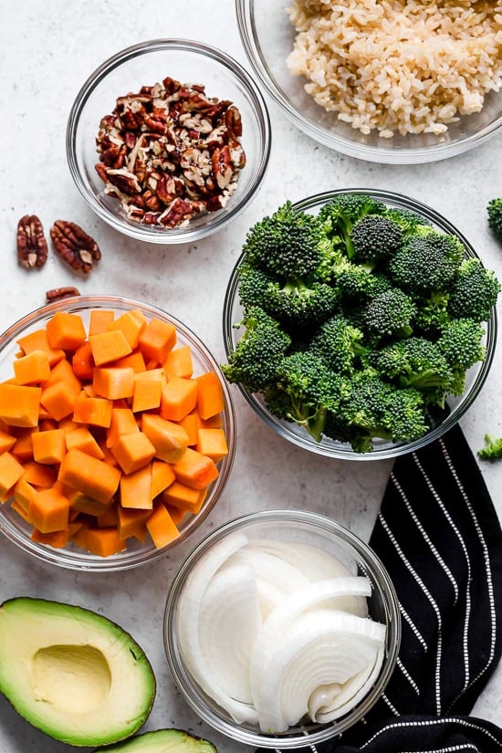 Overhead view of ingredients for Buddha bowls