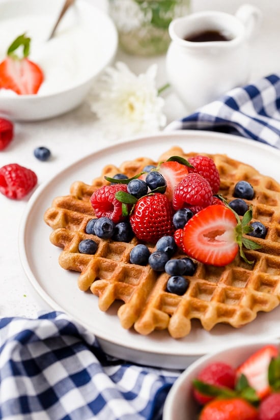 Whip up these protein-packed Yogurt Waffles for breakfast and freeze the rest for easy meal prep!