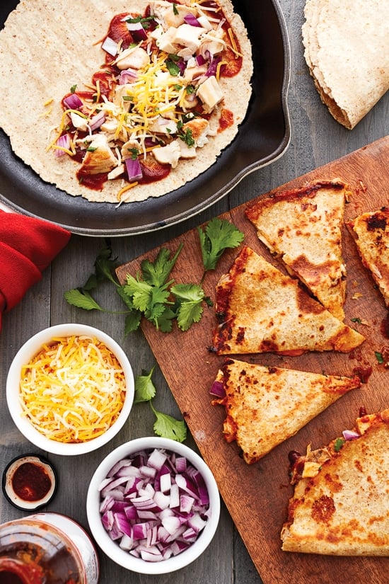This BBQ Chicken Quesadilla is a fun twist on traditional quesadillas. Made with chicken breast, BBQ sauce, cheese, red onion and cilantro on a high fiber whole wheat tortilla.