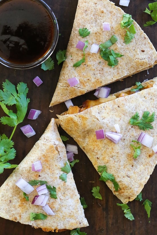 This BBQ Chicken Quesadilla is a fun twist on traditional quesadillas. Made with chicken breast, BBQ sauce, cheese, red onion and cilantro on a high fiber whole wheat tortilla.