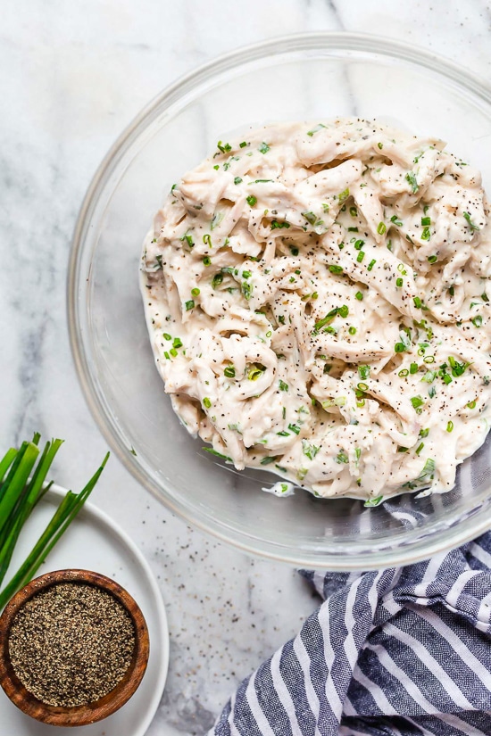 This light and easy chicken salad recipe made with leftover rotisserie chicken breast meat and my homemade ranch dressing. Great for lunch and meal prep!