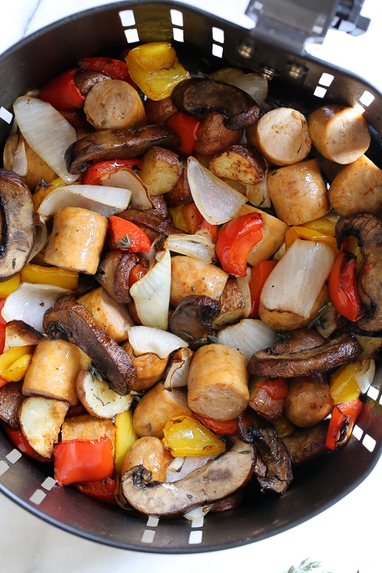Air Fryer Sausage and Peppers with Potatoes and Mushrooms