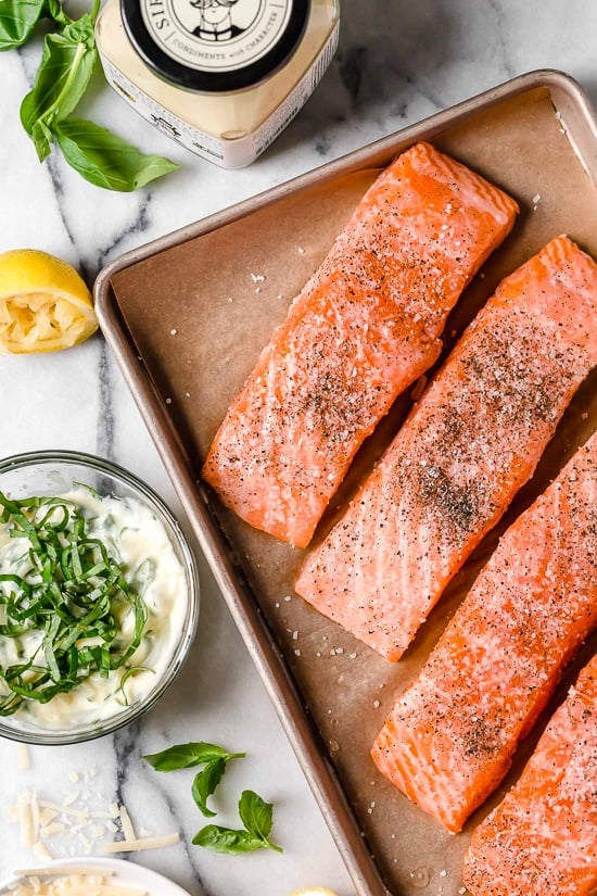 I'm obsessed with this Air Fryer Basil-Parmesan Salmon recipe! Making salmon in the air fryer is quick and easy, and the fish comes out so juicy inside.