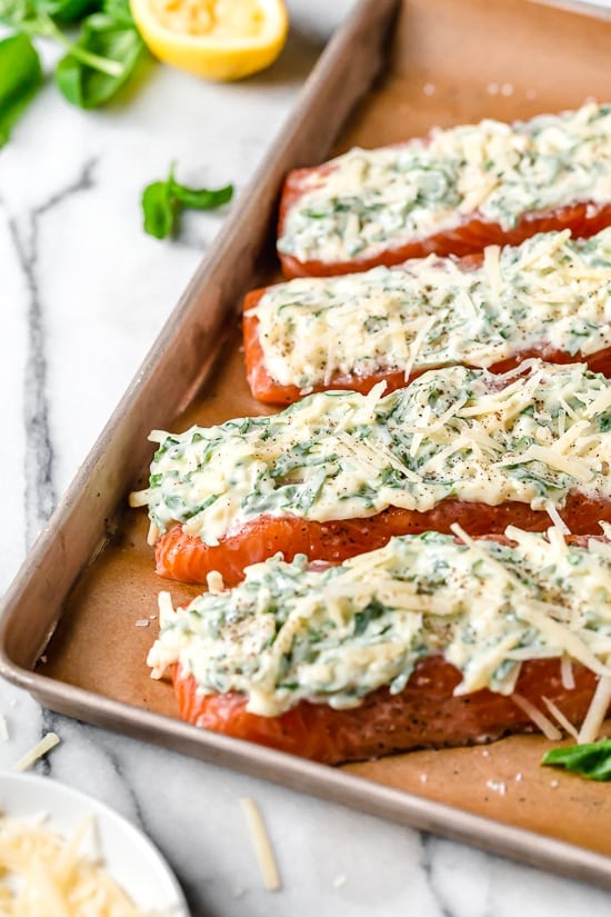 I'm obsessed with this Air Fryer Basil-Parmesan Salmon recipe! Making salmon in the air fryer is quick and easy, and the fish comes out so juicy inside.