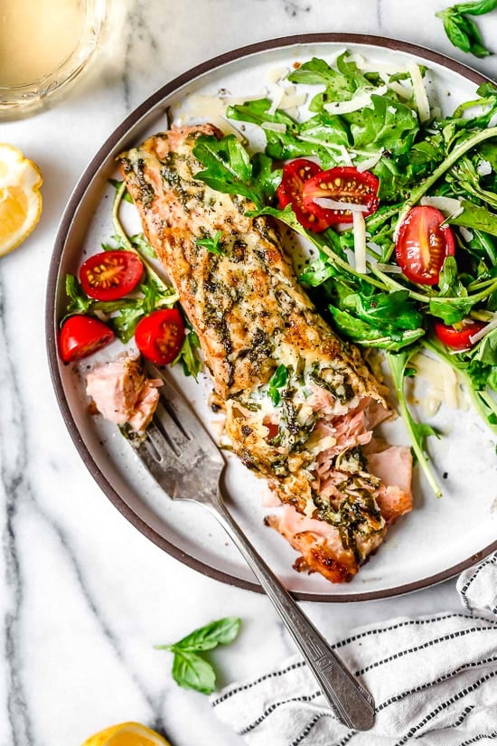 I'm obsessed with this Air Fryer Basil-Parmesan Salmon recipe! Making salmon in the air fryer is quick and easy, and the fish comes out so juicy inside.