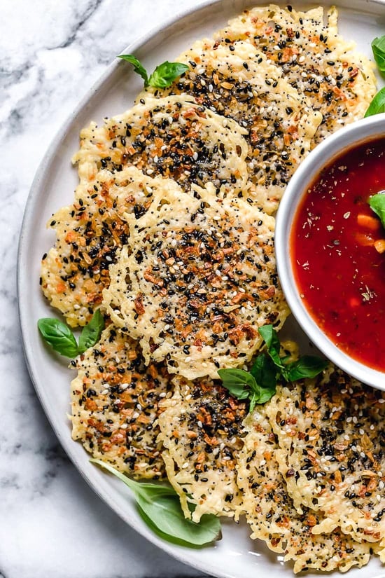 I love making these Everything Parmesan Crisps as a low-carb snack, to add to Caesar salad in place of croutons, with soup, or a great addition to any charcuterie board as an appetizer.