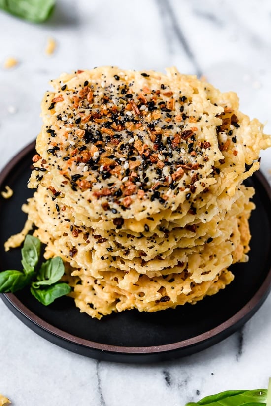 I love making these Everything Parmesan Crisps as a low-carb snack, to add to Caesar salad in place of croutons, with soup, or a great addition to any charcuterie board as an appetizer.