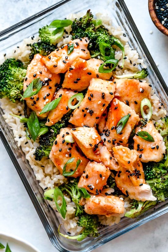 This easy meal-prep honey-sriracha chicken dish, which can also be served as a main dish, is made on a sheet pan and comes together quick!