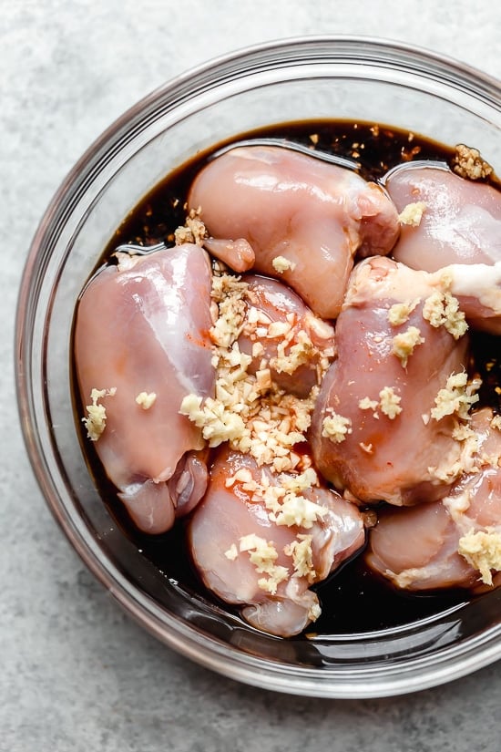 chicken thighs in soy sauce marinade.