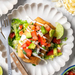 Top-down view of chicken chimichanga on plate