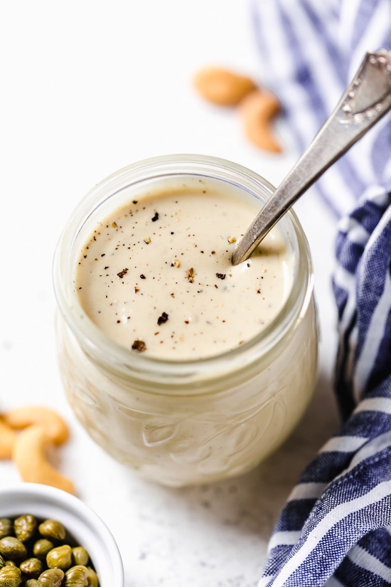 Vegan Caesar Salad made with raw cashews, Dijon, lemon juice and garlic.