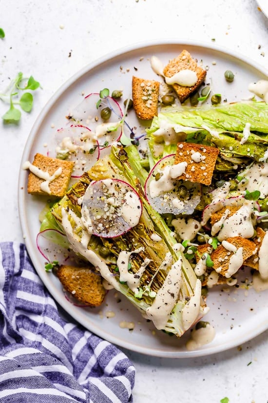This Vegan Caesar Salad is delicious! The Caesar Salad dressing is made with raw cashews to make it creamy along with lemon juice, Dijon, garlic and capers.