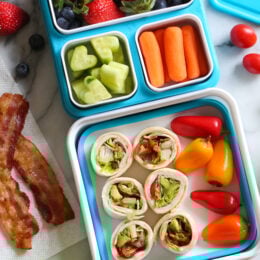 These easy BLT Roll Ups with Turkey and Avocado are delicious and perfect for school lunch.
