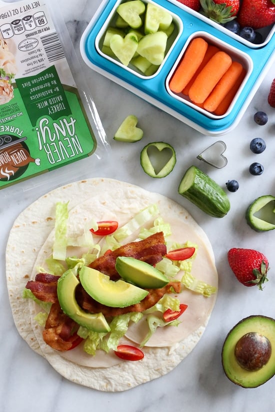 These easy BLT Roll Ups with Turkey and Avocado are delicious and perfect for school lunch.