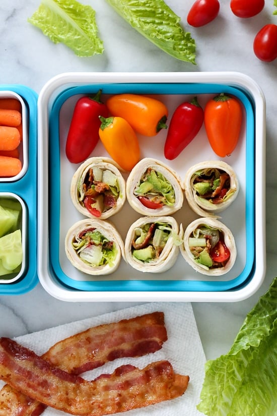 These easy BLT Roll Ups with Turkey and Avocado are delicious and perfect for school lunch.