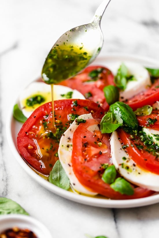 Basil Oil on caprese salad