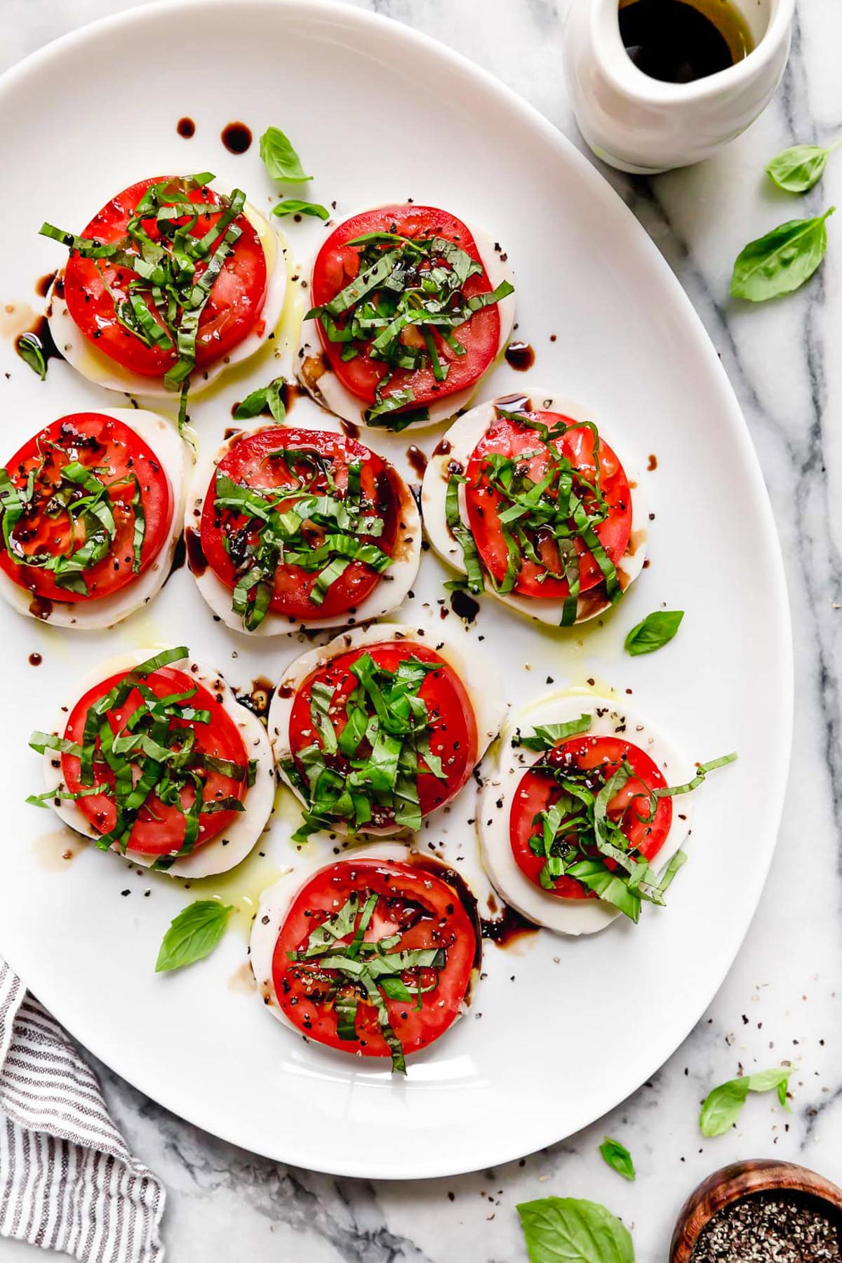 Overhead view of Italian Caprese salad on platter