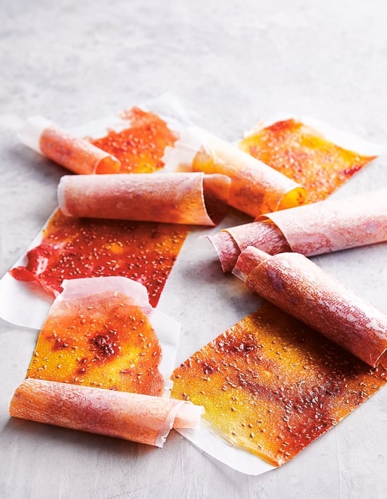 Homemade Mango-Raspberry Fruit Roll Ups, so much healthier than the store-bought kind, and with much less added sugar.