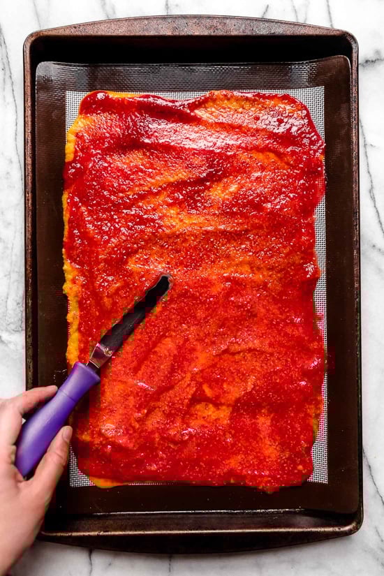 Homemade Mango-Raspberry Fruit Roll Ups, so much healthier than the store-bought kind, and with much less added sugar.