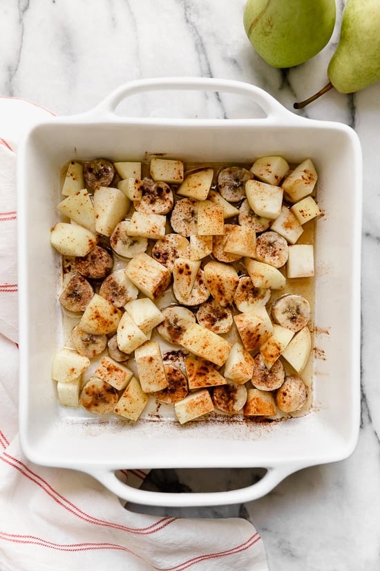 Baked oatmeal is like having dessert for breakfast! Made with healthy ingredients—bananas, pears, oats, nuts and maple syrup, it will leave you satisfied all morning.