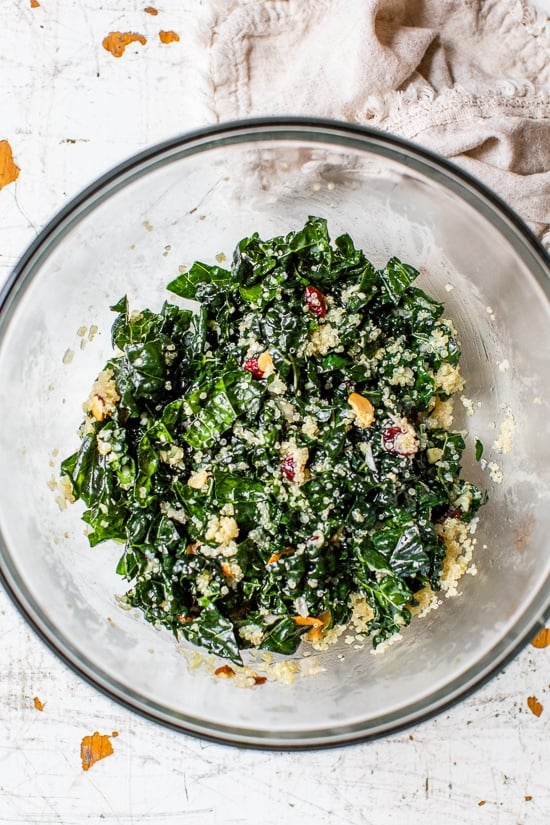 This hearty, fall Kale Salad with Quinoa and Cranberries is made even better by massaging the kale which helps break down the tough cell structure and gives the raw kale a softer texture and gentler flavor.