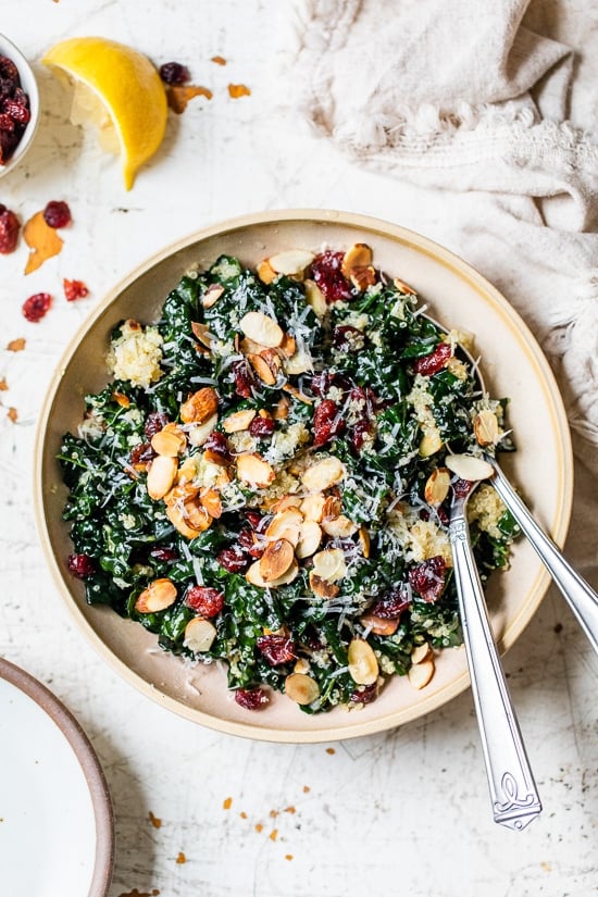This hearty, fall Kale Salad with Quinoa and Cranberries is made even better by massaging the kale which helps break down the tough cell structure and gives the raw kale a softer texture and gentler flavor.