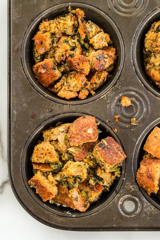 Stuffing Muffins baked in a muffin tin for easy portion control! This classic stuffing recipe is made even more delicious with Pancetta!