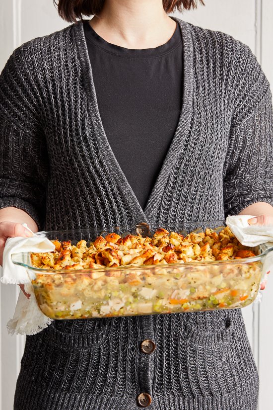 Turkey Pot Pie with Stuffing Crust is a fun twist on a turkey pot pie which is made with chopped turkey and veggies simmered in a creamy sauce finished with a stuffing topping.