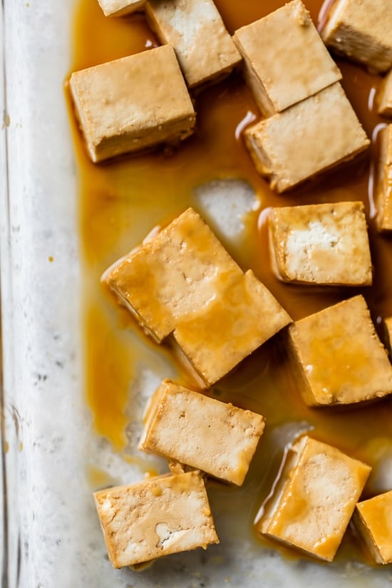 Marinating tofu before stir frying.