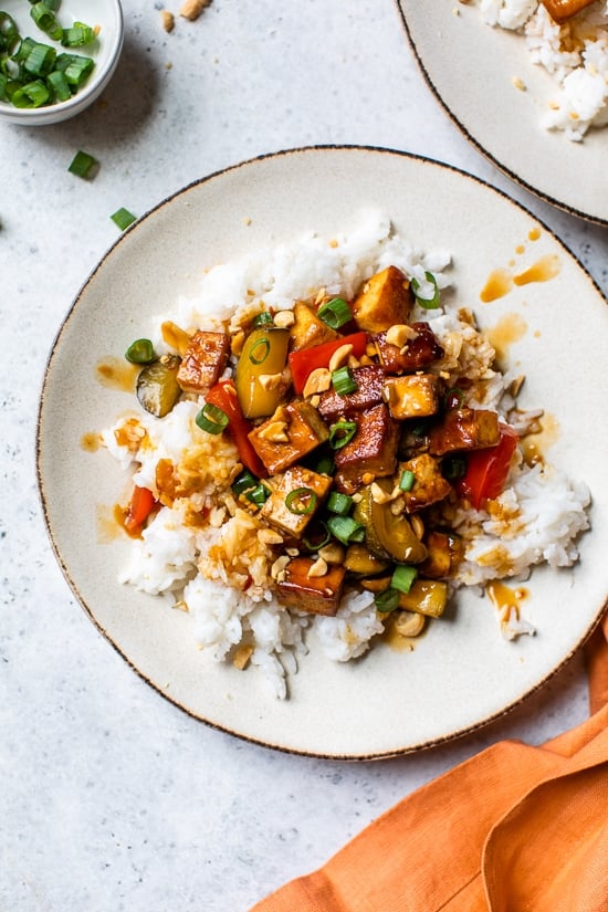 Kung Pao Tofu, a lighter (and vegetarian) take on one of my favorite Chinese takeout dishes!