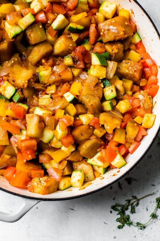 diced veggies in a dutch oven