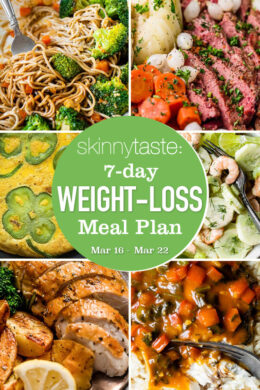 A free 7-day, flexible weight loss meal plan including breakfast, lunch and dinner and a shopping list. All recipes include calories and updated WW Smart Points.