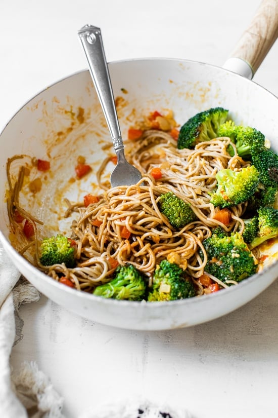 This spicy Soba Noodle Veggie Stir Fry is a quick and easy meal for one, and perfect as a dairy-free, vegetarian dinner.