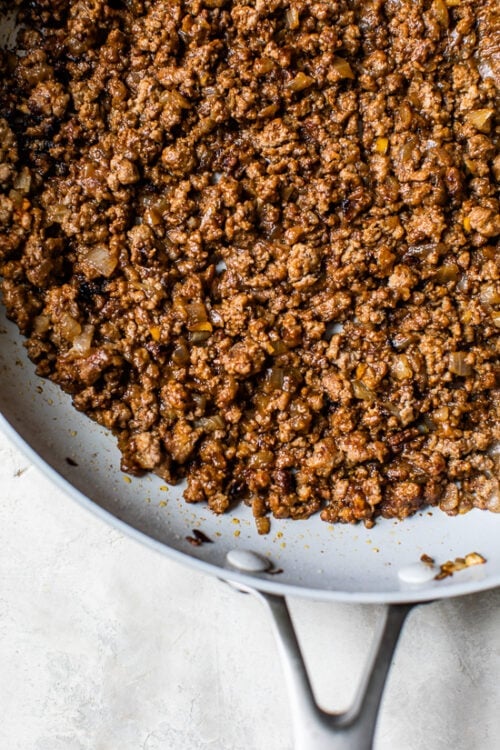 Jamaican Beef Patties meat filling in a skillet