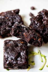 Flourless Zucchini Brownies piled on parchment paper
