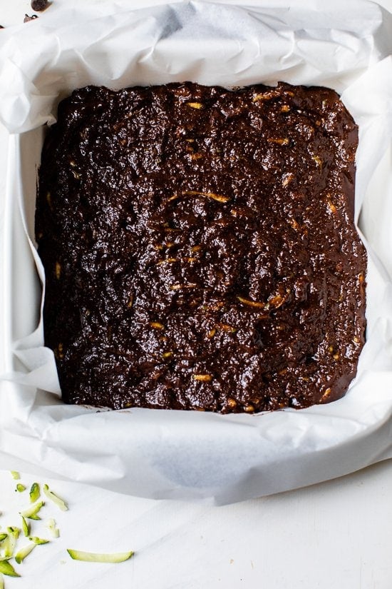 These easy Flourless Zucchini Brownies are made with almond meal, so they're naturally gluten-free. They're moist, fudgy, and so decadent! Zucchini brownie batter in a baking pan