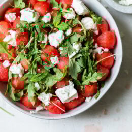 bowl with watermelon, feta and arugula
